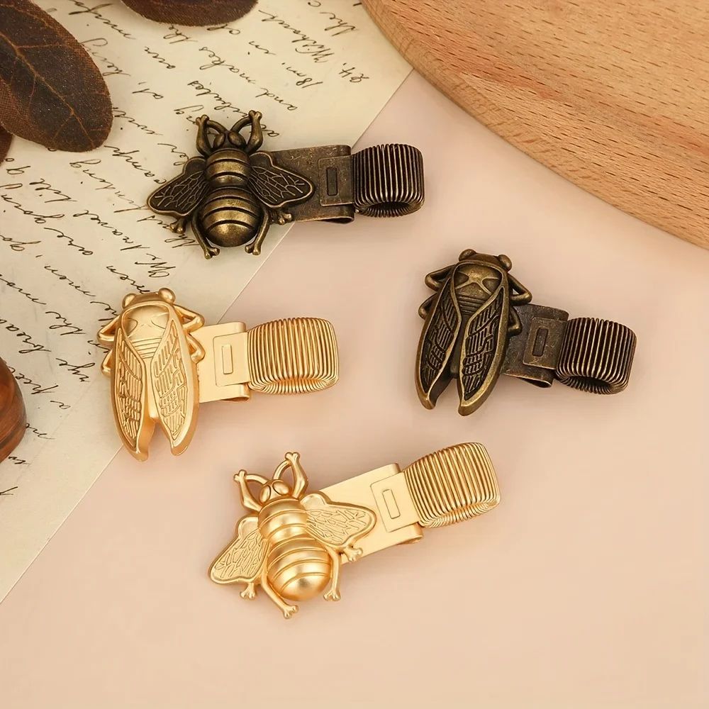Vintage InsectThemed Metal Spring Pen Clip Gold Bee Cicada Notebook Holder 3