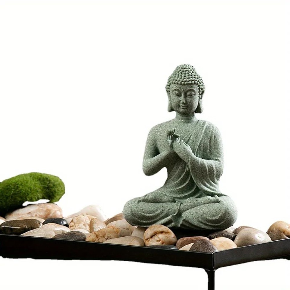 ZenSerenity Mini Buddha Aquarium Statue Green Sandstone Zen Fish Tank Decor 5