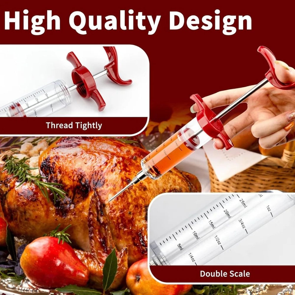 Premium Stainless Steel BBQ Meat Injector BBQ Marinade Syringe Kit 3Needle Flavor Infusion Tool 5