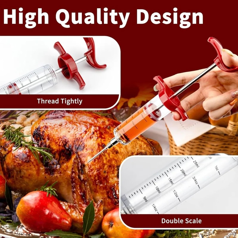 Premium Stainless Steel BBQ Meat Injector BBQ Marinade Syringe Kit 3Needle Flavor Infusion Tool 5