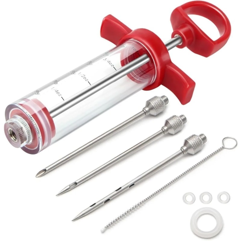 Premium Stainless Steel BBQ Meat Injector BBQ Marinade Syringe Kit 3Needle Flavor Infusion Tool 6