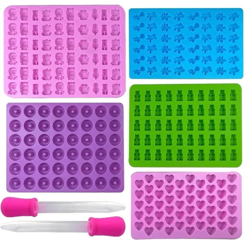 Premium 7Piece Silicone Candy Molds Gummy Molds Set With Droppers Reusable FoodGrade Baking Trays 0