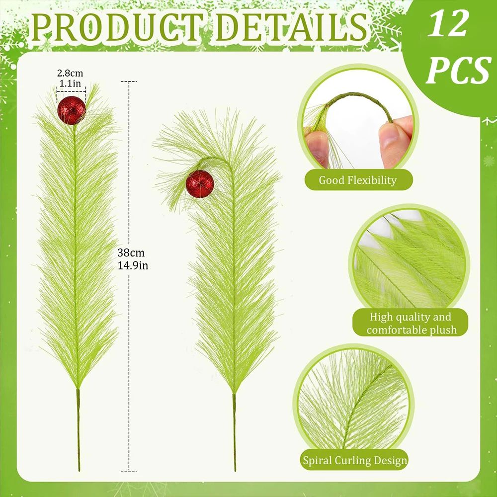 Luxe Curly Green Red Ornament Holiday Stem Sprays 12Piece Christmas Tree Picks Set For Festive De 3