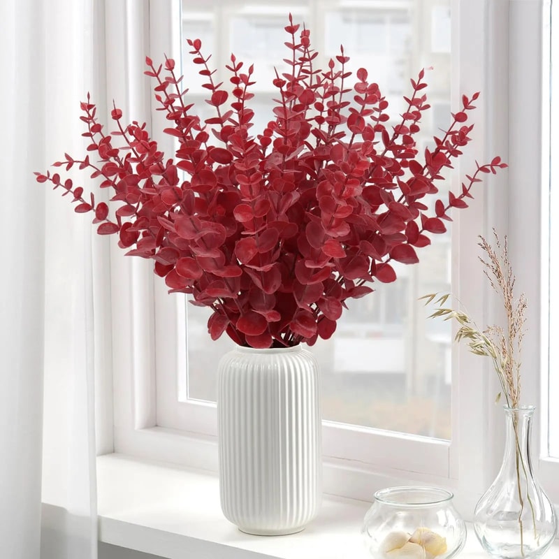 Red Eucalyptus Faux Stems Lifelike Decorative Branches For Home Event Holiday Floral Designs 1