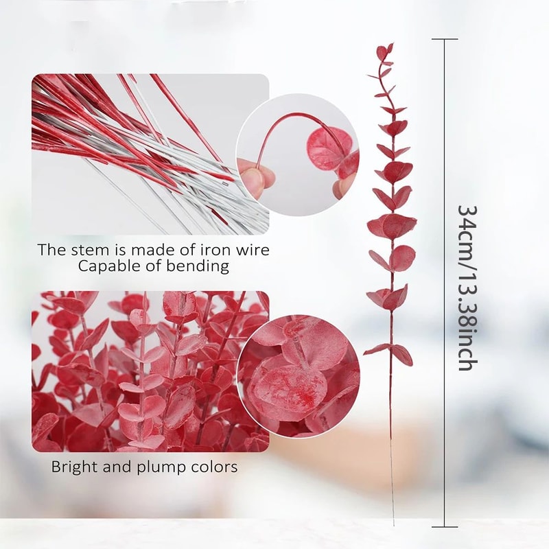 Red Eucalyptus Faux Stems Lifelike Decorative Branches For Home Event Holiday Floral Designs 5