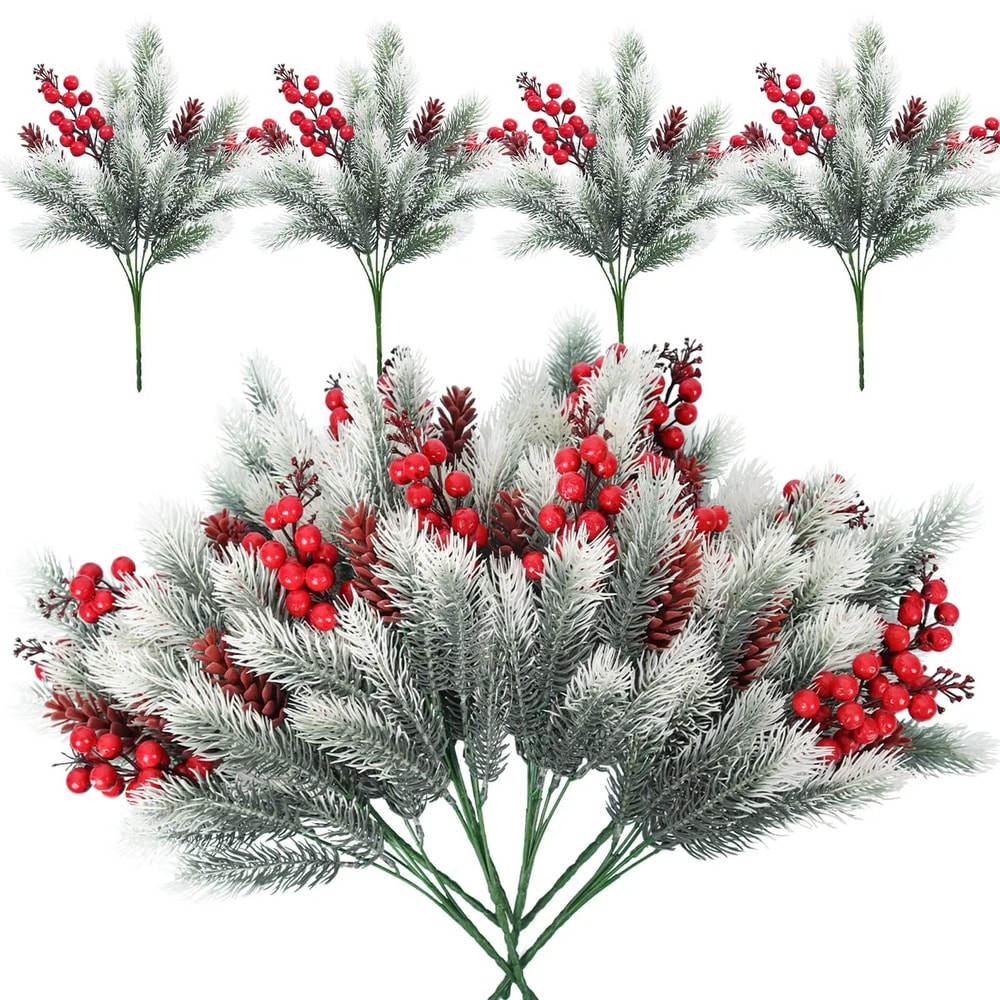 Festive Evergreen Holly Pine Berry Holiday Table Decor Set Of 2 Artificial Christmas Greenery Pic 0