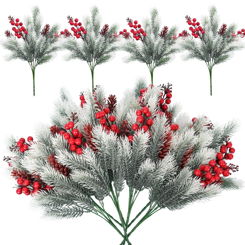 Festive Evergreen Holly Pine Berry Holiday Table Decor Set Of 2 Artificial Christmas Greenery Pic 0