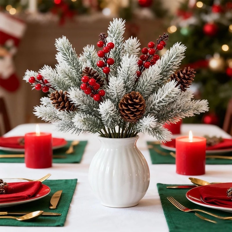 Festive Evergreen Holly Pine Berry Holiday Table Decor Set Of 2 Artificial Christmas Greenery Pic 1