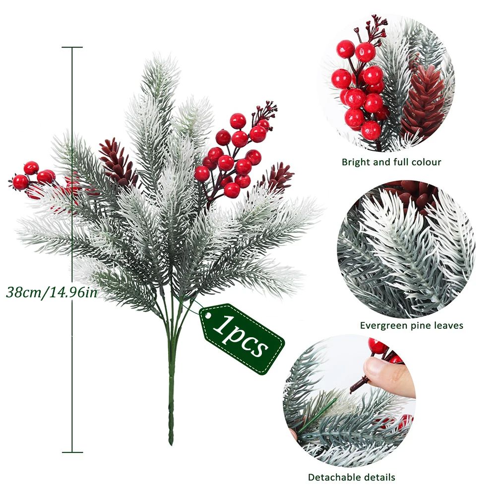 Festive Evergreen Holly Pine Berry Holiday Table Decor Set Of 2 Artificial Christmas Greenery Pic 2