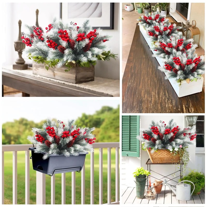 Festive Evergreen Holly Pine Berry Holiday Table Decor Set Of 2 Artificial Christmas Greenery Pic 4