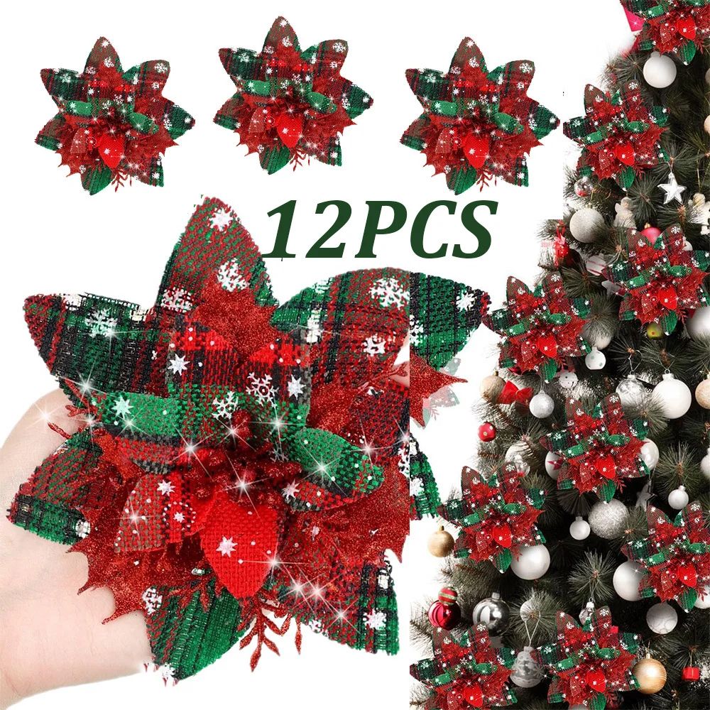 Festive Elegance 12Piece Artificial Poinsettia Christmas Flower Set Glitter ClipOn Ornaments For T 0