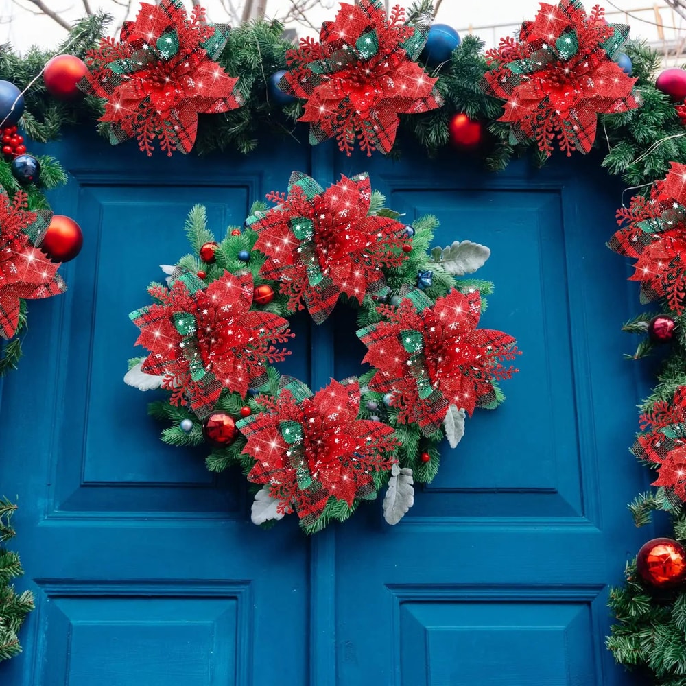 Festive Elegance 12Piece Artificial Poinsettia Christmas Flower Set Glitter ClipOn Ornaments For T 2