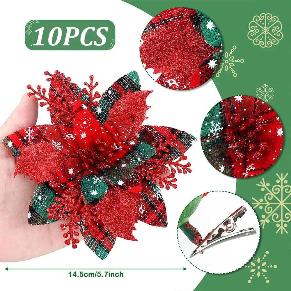 Festive Elegance 12Piece Artificial Poinsettia Christmas Flower Set Glitter ClipOn Ornaments For T 3