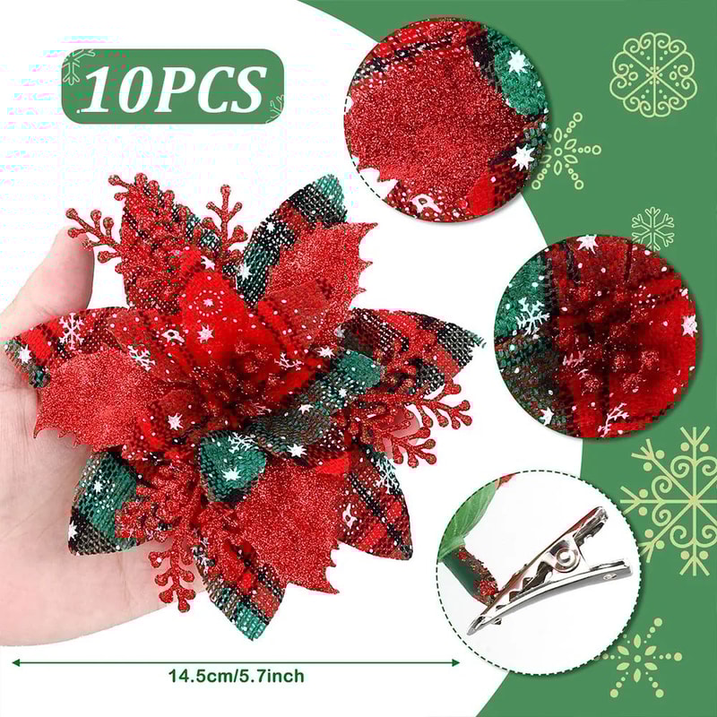 Festive Elegance 12Piece Artificial Poinsettia Christmas Flower Set Glitter ClipOn Ornaments For T 3