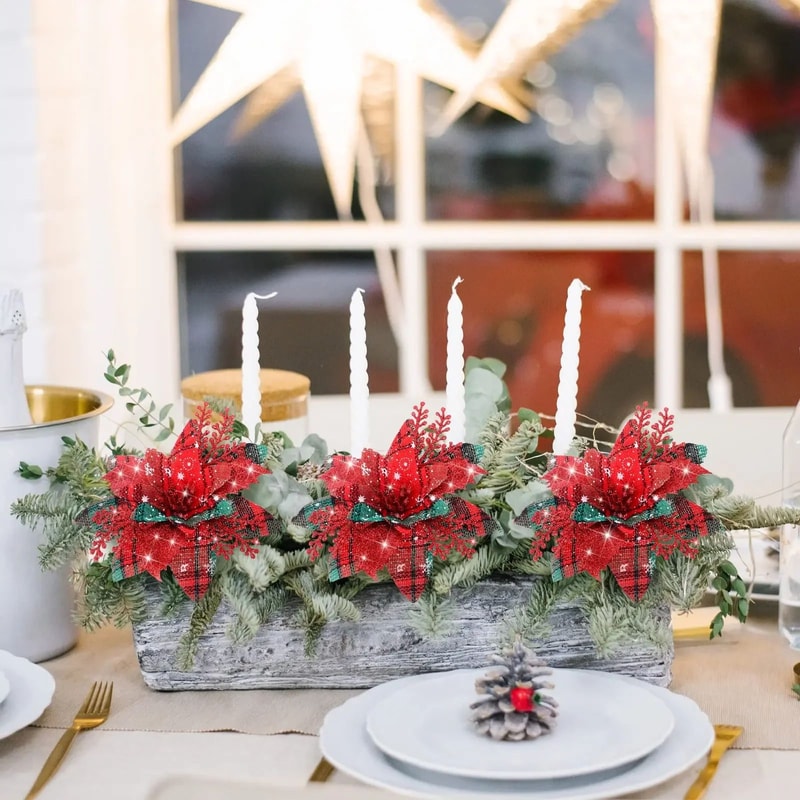 Festive Elegance 12Piece Artificial Poinsettia Christmas Flower Set Glitter ClipOn Ornaments For T 5