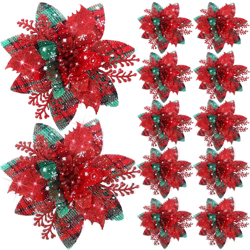 Festive Elegance 12Piece Artificial Poinsettia Christmas Flower Set Glitter ClipOn Ornaments For T 7