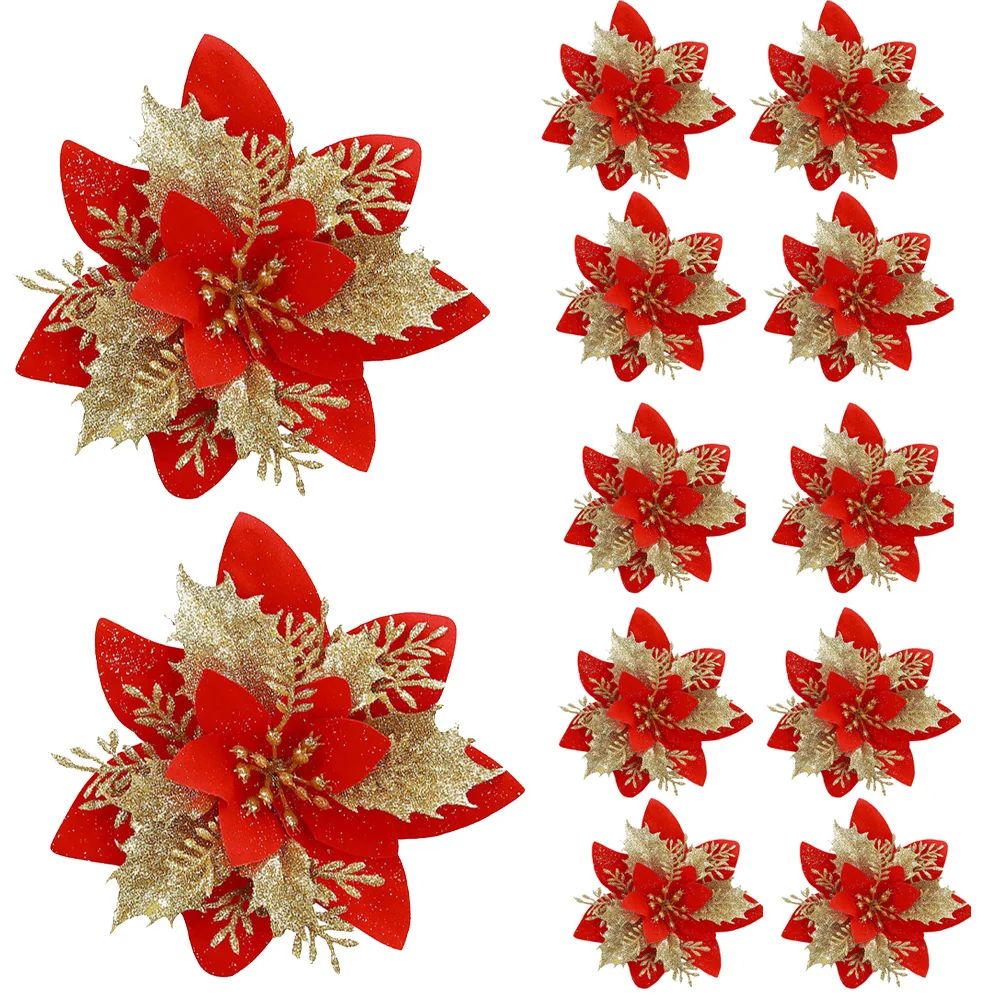 Festive Elegance 12Piece Artificial Poinsettia Christmas Flower Set Glitter ClipOn Ornaments For T 8