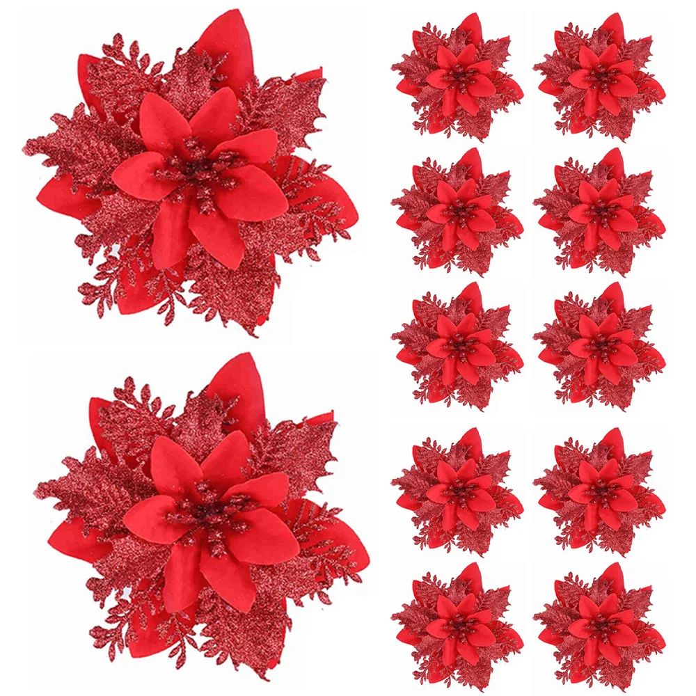 Festive Elegance 12Piece Artificial Poinsettia Christmas Flower Set Glitter ClipOn Ornaments For T 9
