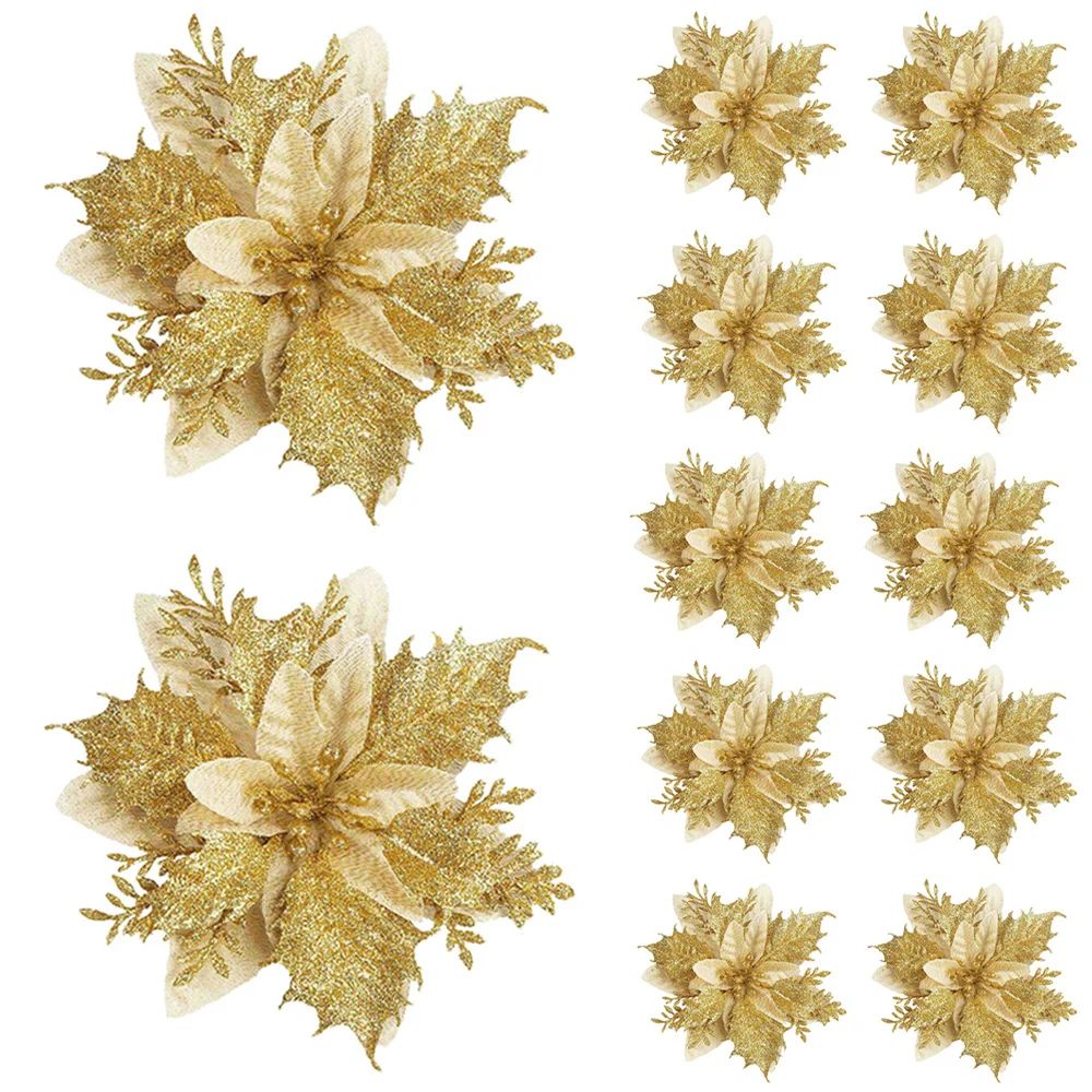 Festive Elegance 12Piece Artificial Poinsettia Christmas Flower Set Glitter ClipOn Ornaments For T 10