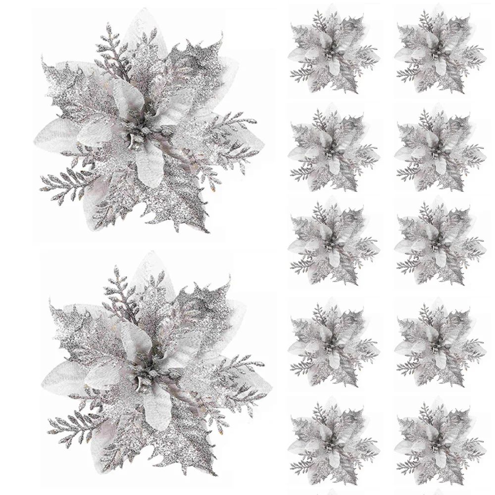 Festive Elegance 12Piece Artificial Poinsettia Christmas Flower Set Glitter ClipOn Ornaments For T 6
