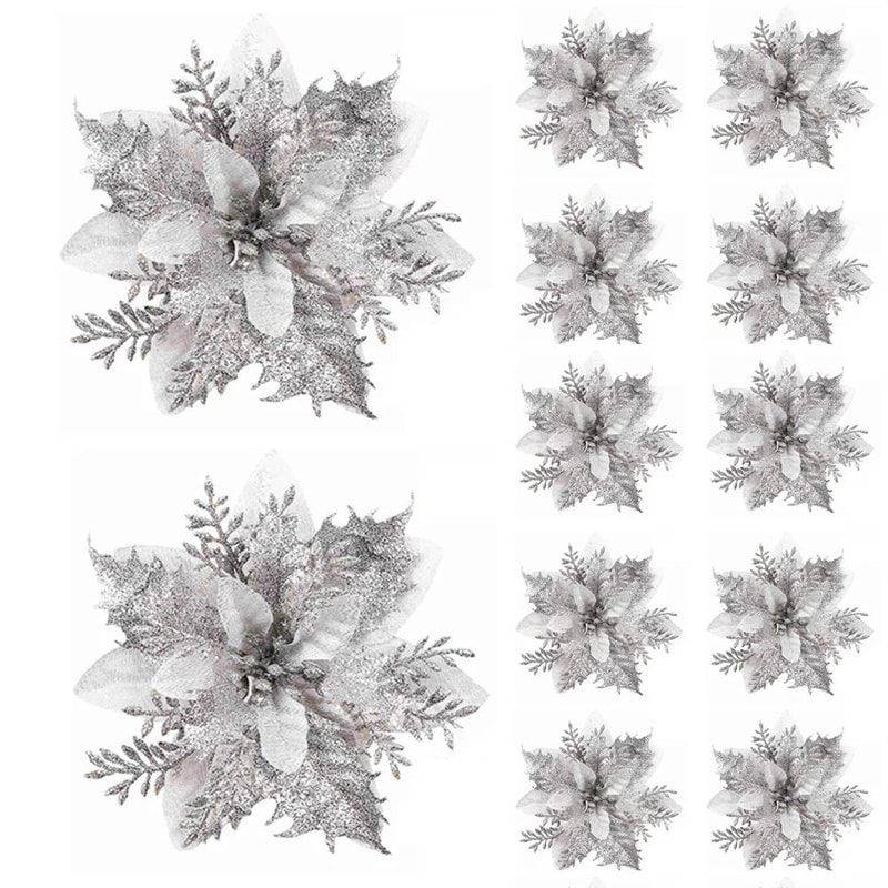 Festive Elegance 12Piece Artificial Poinsettia Christmas Flower Set Glitter ClipOn Ornaments For T 6