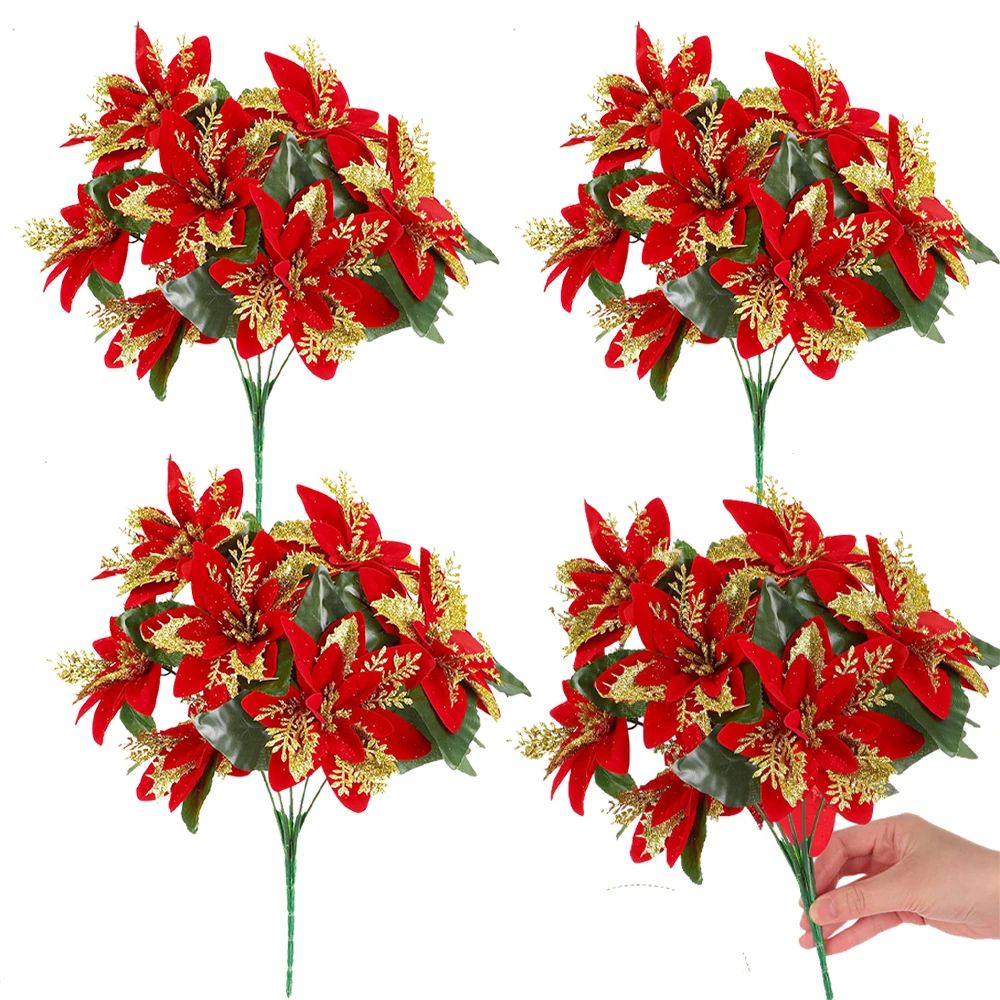 Festive Poinsettia Glitter Flower Bouquet Premium Artificial Christmas Flowers For Holiday Home T 0