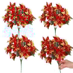 festive poinsettia glitter flower bouquet – premium artificial christmas flowers for holiday home & tree decor