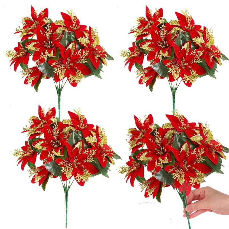 Festive Poinsettia Glitter Flower Bouquet Premium Artificial Christmas Flowers For Holiday Home T 0