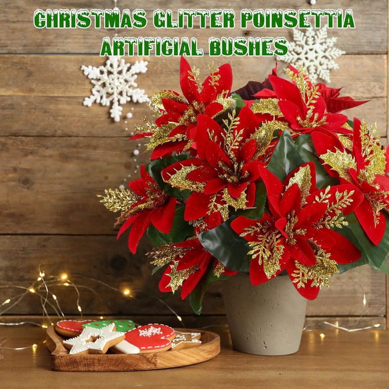 Festive Poinsettia Glitter Flower Bouquet Premium Artificial Christmas Flowers For Holiday Home T 2