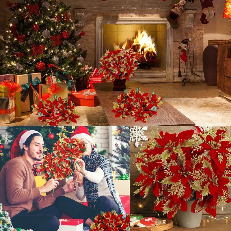 Festive Poinsettia Glitter Flower Bouquet Premium Artificial Christmas Flowers For Holiday Home T 3