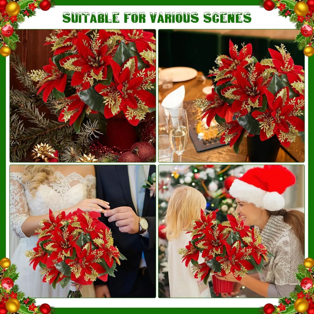 Festive Poinsettia Glitter Flower Bouquet Premium Artificial Christmas Flowers For Holiday Home T 4