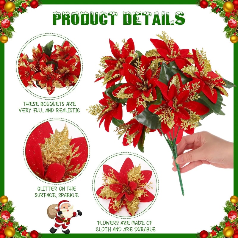 Festive Poinsettia Glitter Flower Bouquet Premium Artificial Christmas Flowers For Holiday Home T 5