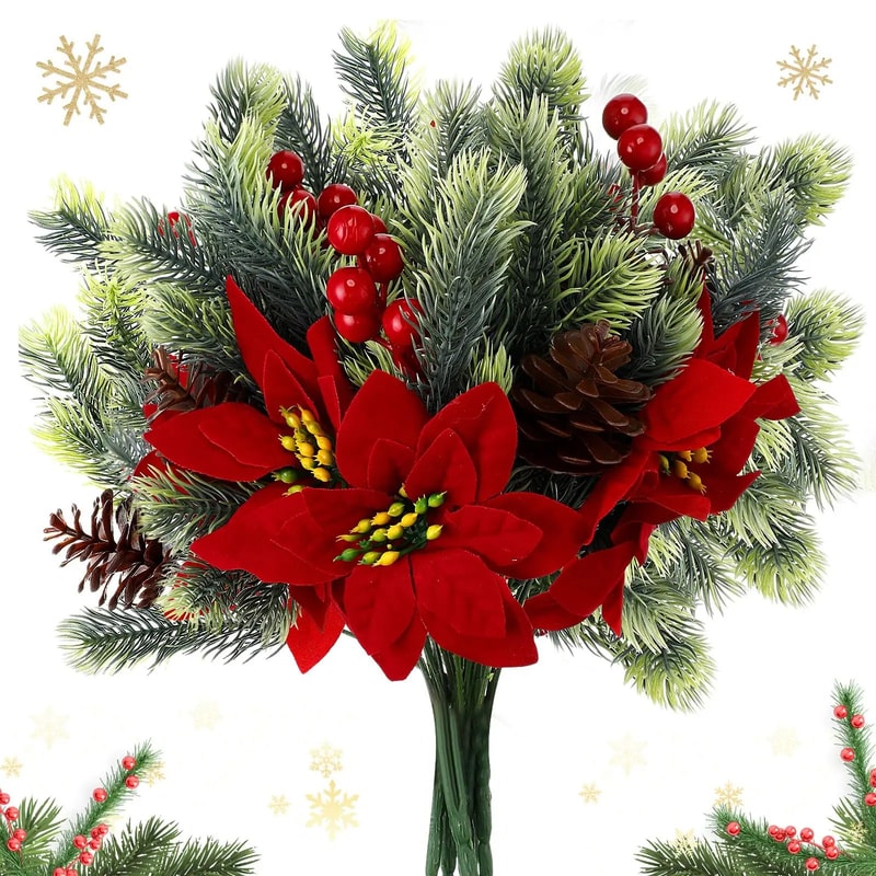 Festive Poinsettia Pine Holiday Floral Decor Set Premium Table Centerpiece For Christmas Parties 0