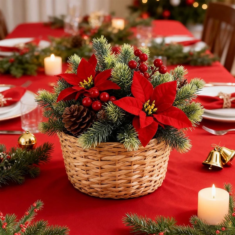 Festive Poinsettia Pine Holiday Floral Decor Set Premium Table Centerpiece For Christmas Parties 1