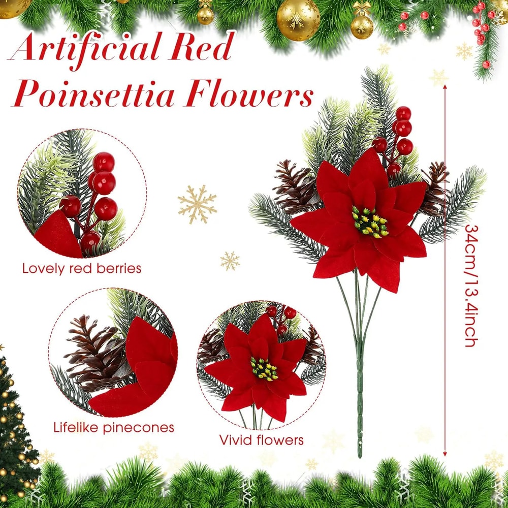 Festive Poinsettia Pine Holiday Floral Decor Set Premium Table Centerpiece For Christmas Parties 2