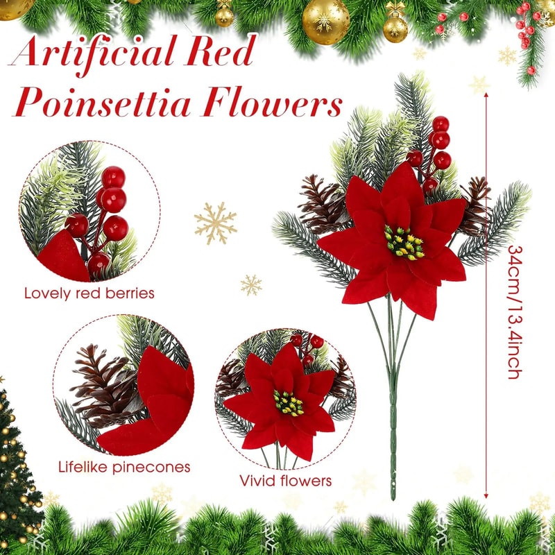 Festive Poinsettia Pine Holiday Floral Decor Set Premium Table Centerpiece For Christmas Parties 2