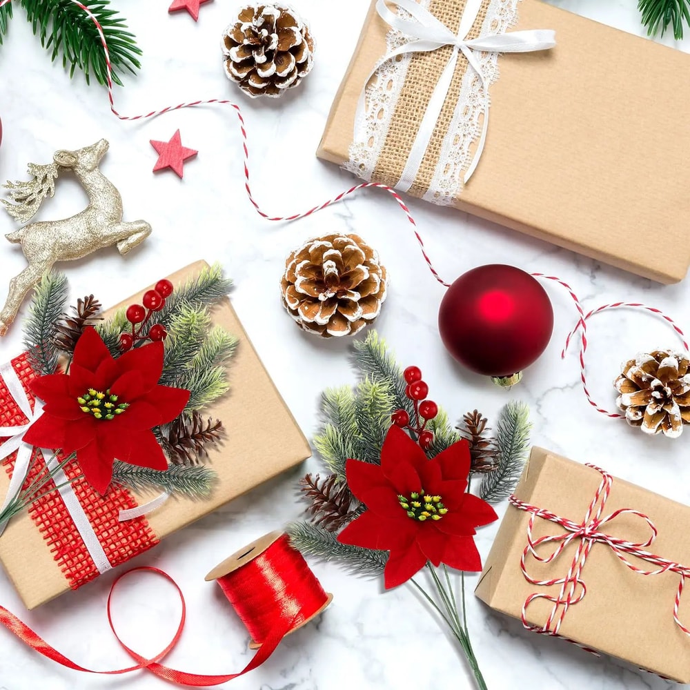 Festive Poinsettia Pine Holiday Floral Decor Set Premium Table Centerpiece For Christmas Parties 3