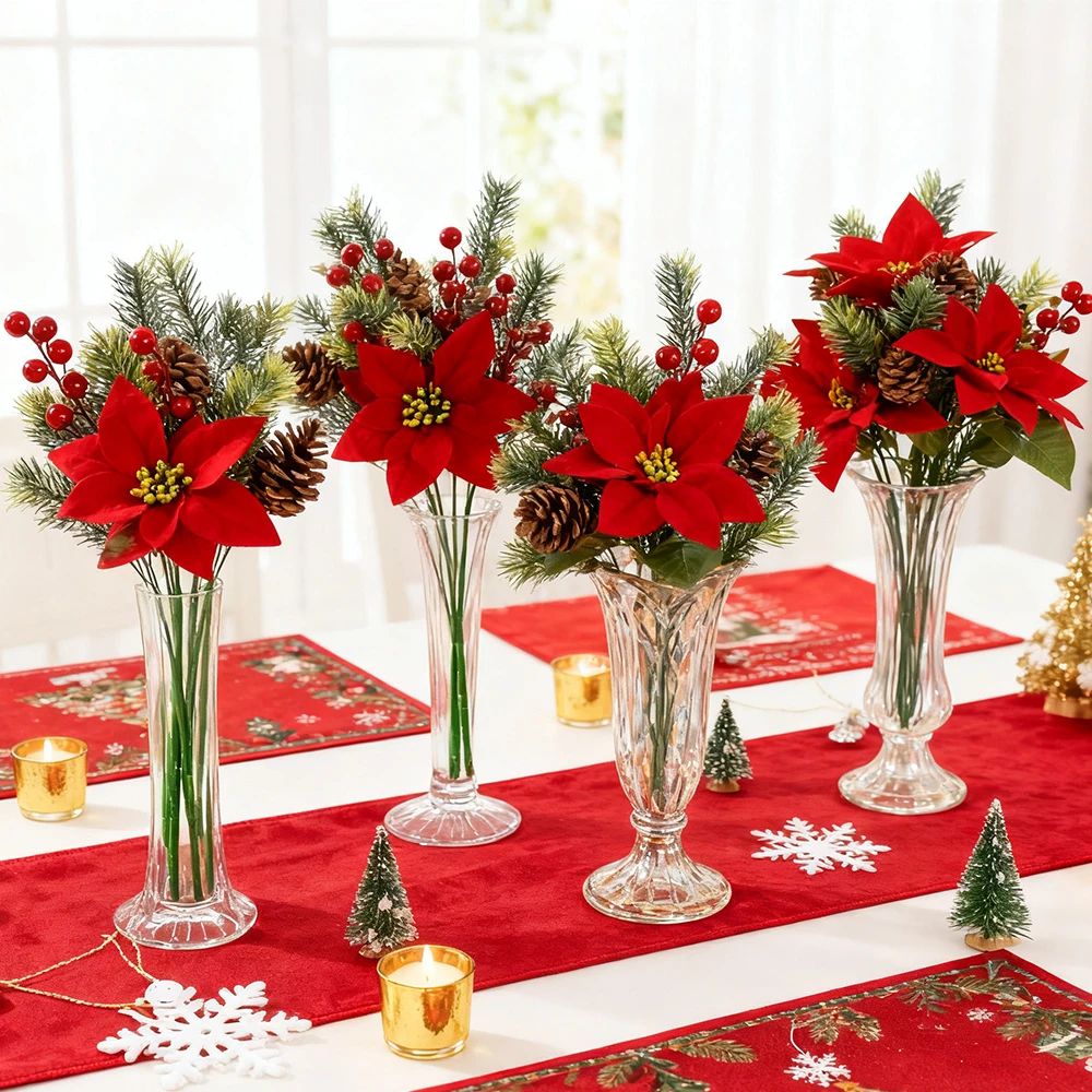 Festive Poinsettia Pine Holiday Floral Decor Set Premium Table Centerpiece For Christmas Parties 4