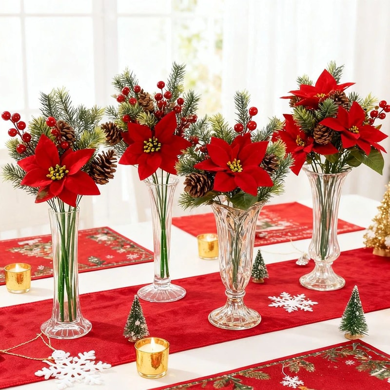 Festive Poinsettia Pine Holiday Floral Decor Set Premium Table Centerpiece For Christmas Parties 4