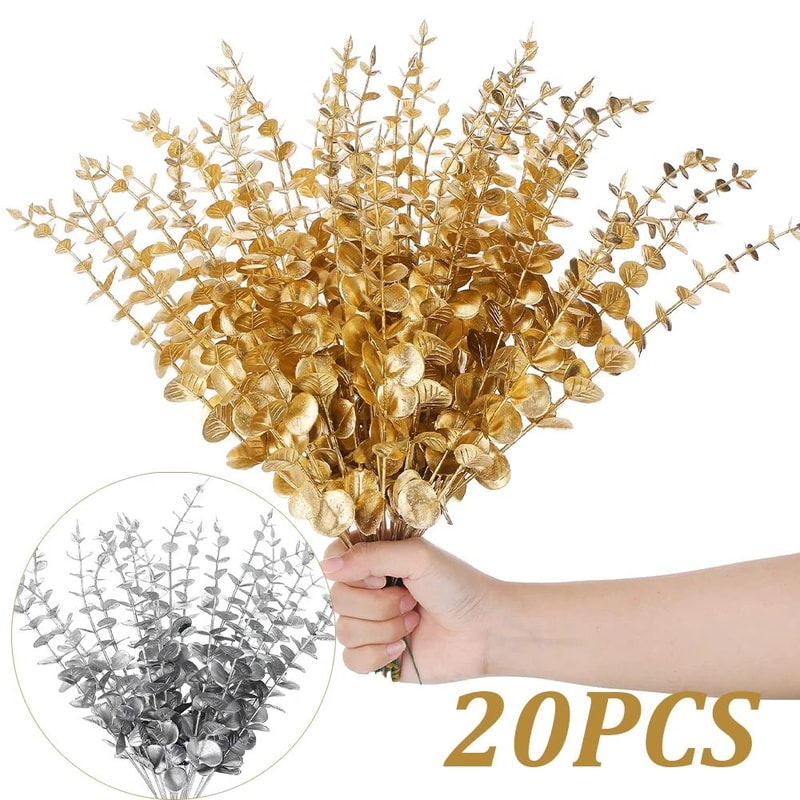 Gold Silver Eucalyptus Design Stems 20Piece Metallic Faux Branch Set For Weddings Holidays Home 0