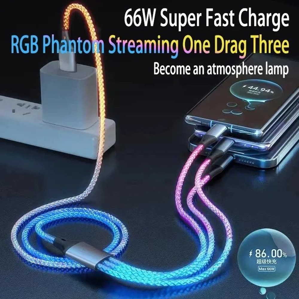 UltraCharge 6A Fast Charging 3 In 1 Charging Cable With RGB Light Universal MultiDevice Sync Powe 1