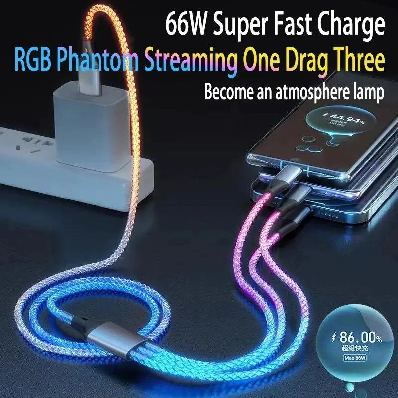 UltraCharge 6A Fast Charging 3 In 1 Charging Cable With RGB Light Universal MultiDevice Sync Powe 1