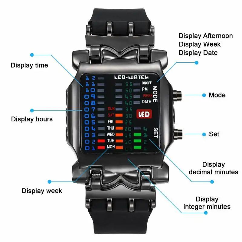 Crab Binary LED Watch For Men Creative Waterproof Digital Timepiece 3