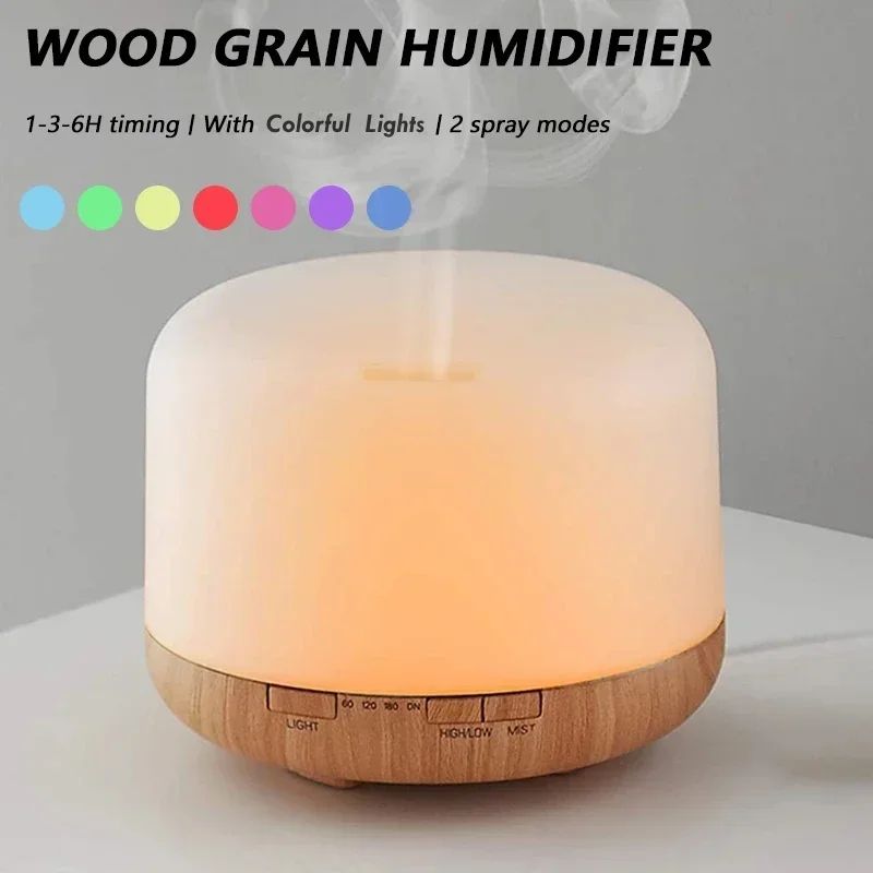 Mini Wood Grain Aroma Diffuser Essential Oil Humidifier With Colorful Night Light 500ml USB Mist 0