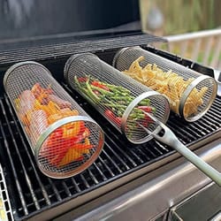stainless steel rolling bbq grill basket for vegetables, meat & seafood