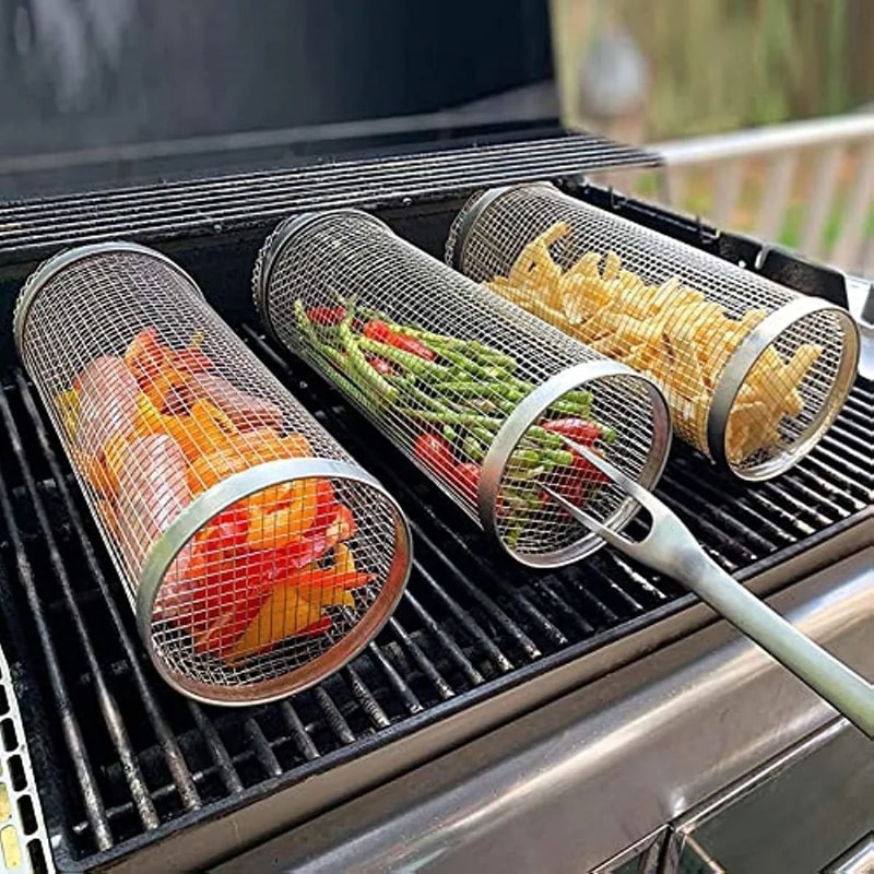 Stainless Steel Rolling BBQ Grill Basket For Vegetables Meat Seafood 0