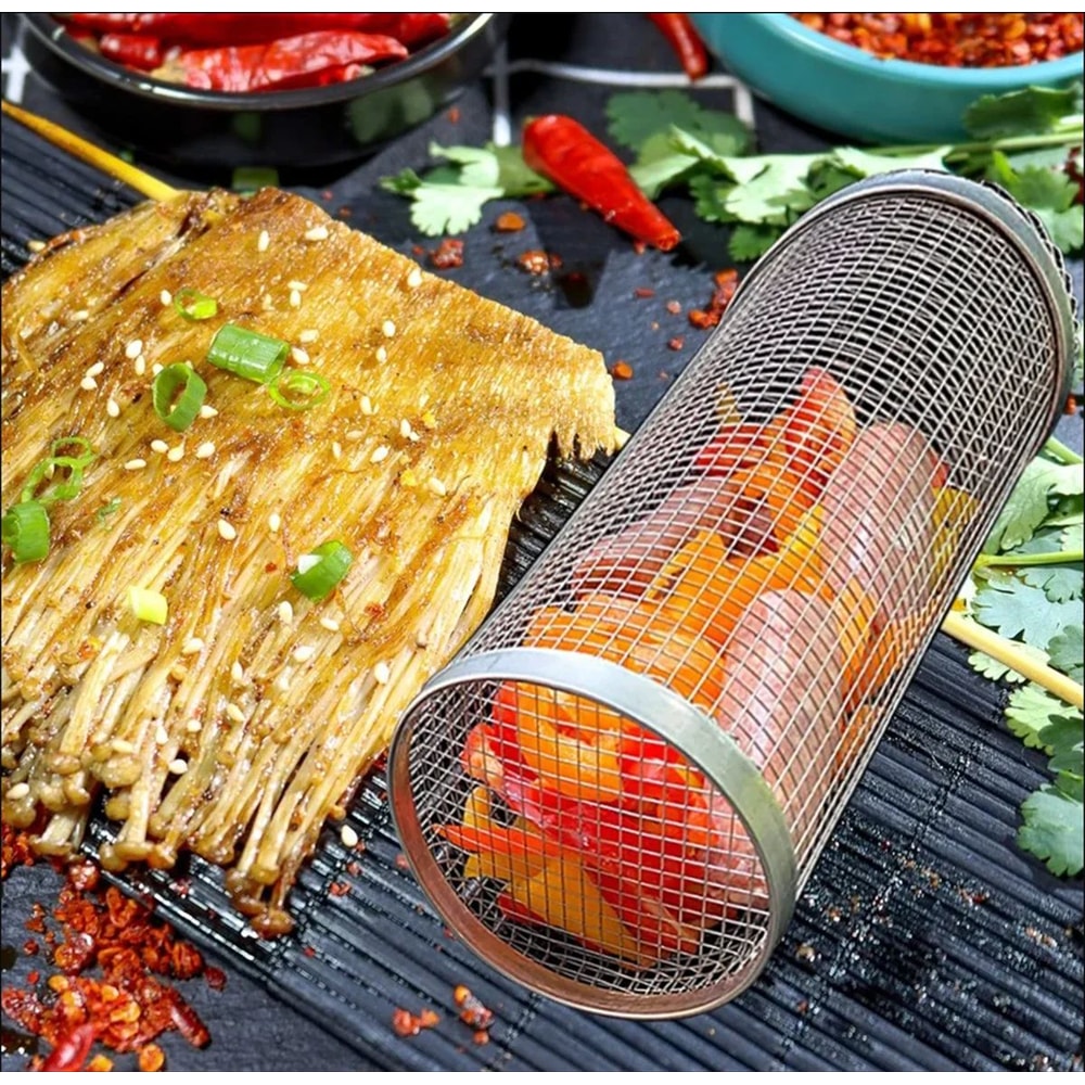 Stainless Steel Rolling BBQ Grill Basket For Vegetables Meat Seafood 2
