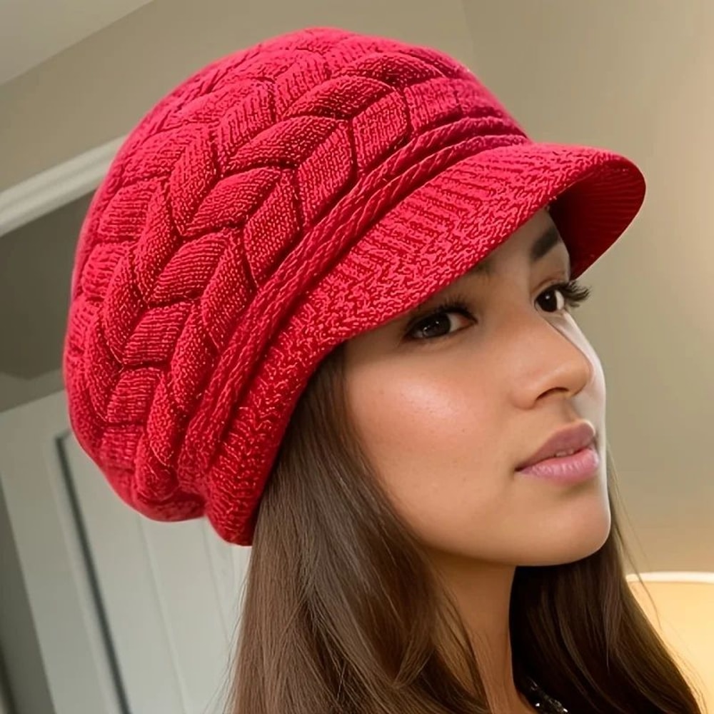 Retro Winter Knit Beanie With Brim For Women Warm Ski Run Outdoor Cap 6