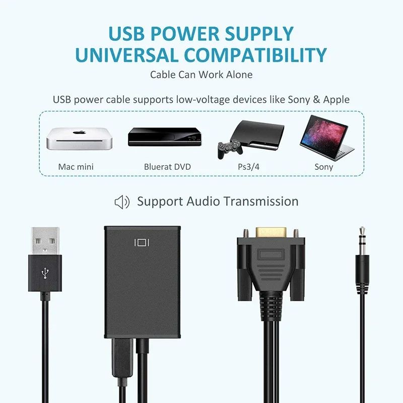 Universal VGA To HDMI Active Converter Cable With Audio 8Inch Adapter 5