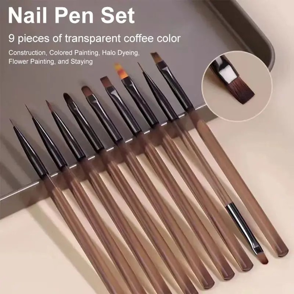 9Piece Professional Nail Art Brush Set For UV Gel Acrylic Fine Line Nail Design 0